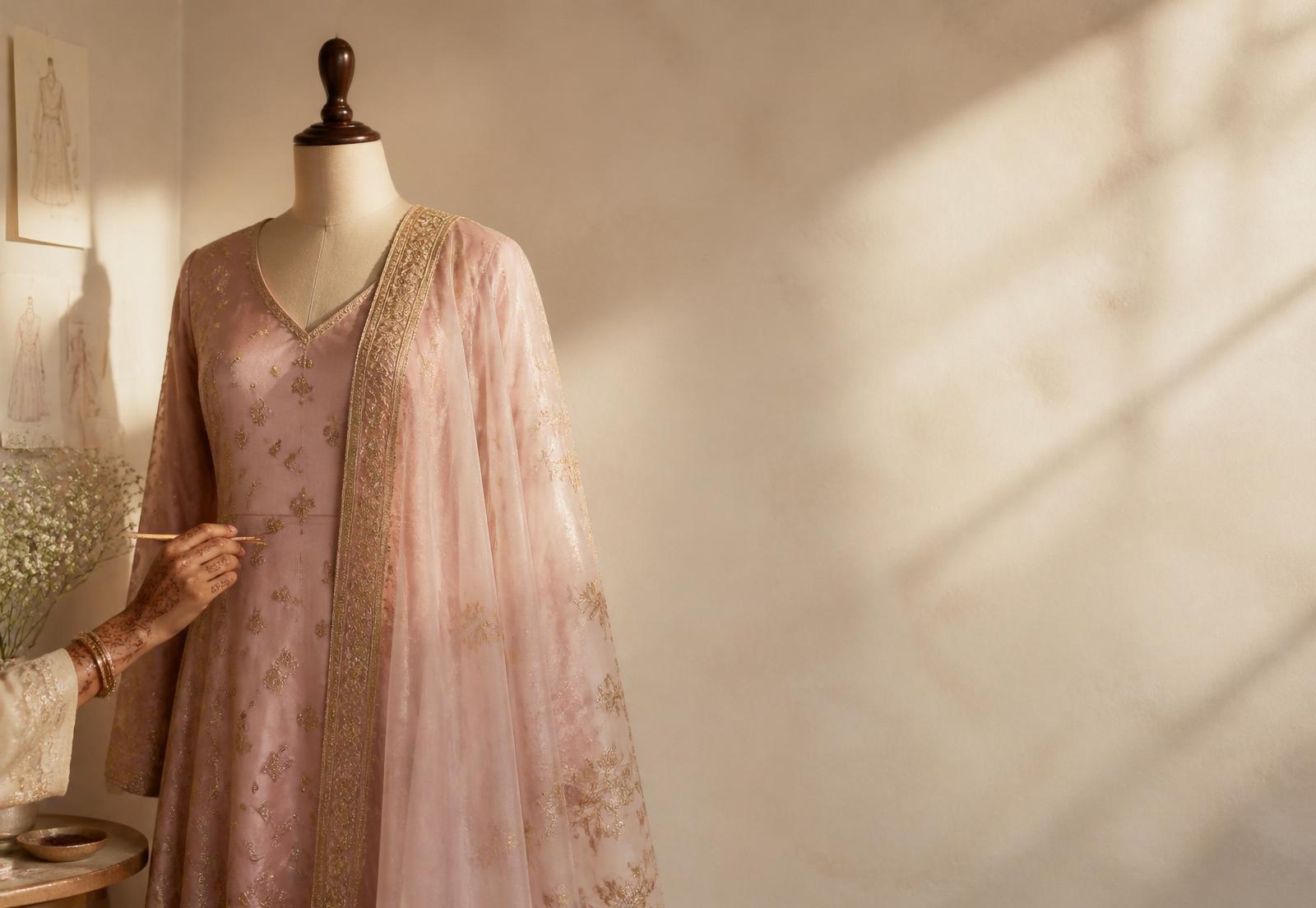 Handcrafted ethnic dress in a sunlit atelier